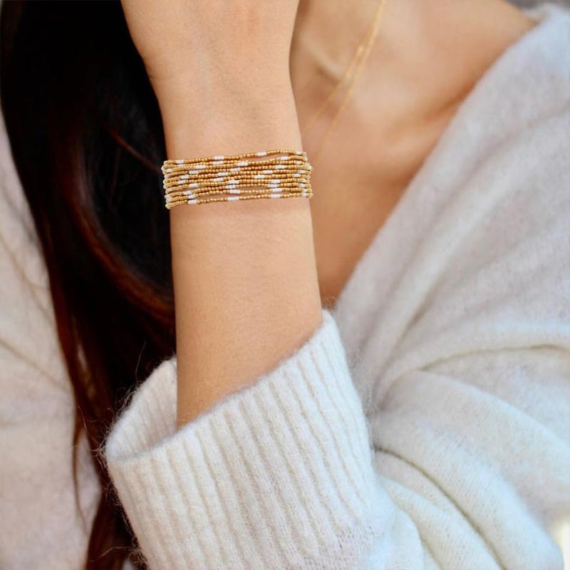 Pymach Store Dainty Gold Plated Pearl Crystal Beaded Bracelets Set for Women 14K Gold Plated Bead Pearl Beads Bracelet Stackable Paperclip Link Chain Bracelets Gold Plated Bracelets for Women Trendy Jewelry - Image 5